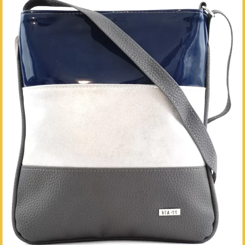 VIA55 női keresztpántos táska 3 sávval, rostbőr, kék-ezüst taskaexpress-hu a
