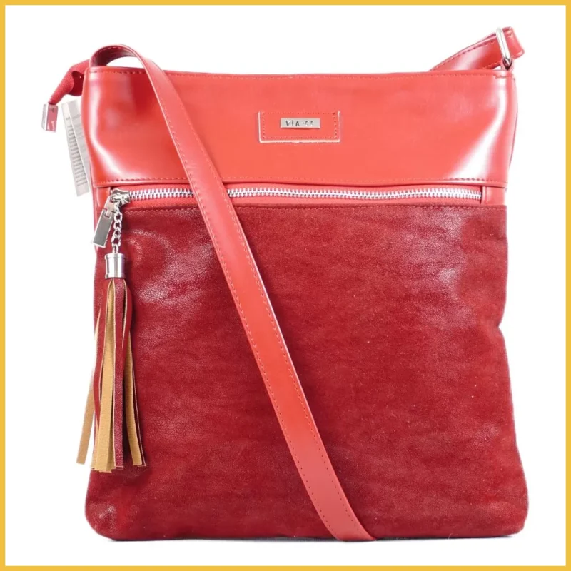 VIA55 női keresztpántos táska bojtos zsebbel, rostbőr, piros taskaexpress.hu a